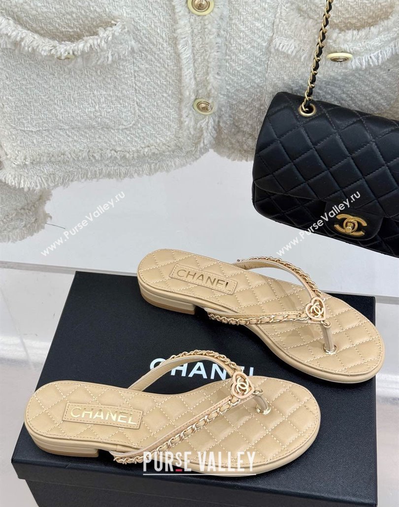 Chanel Lambskin Flat Thong Slide Sandal with Chain and Heart G46109 Beige 2025 (KL-250304057)