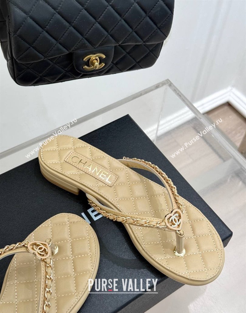 Chanel Lambskin Flat Thong Slide Sandal with Chain and Heart G46109 Beige 2025 (KL-250304057)