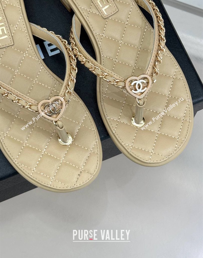 Chanel Lambskin Flat Thong Slide Sandal with Chain and Heart G46109 Beige 2025 (KL-250304057)