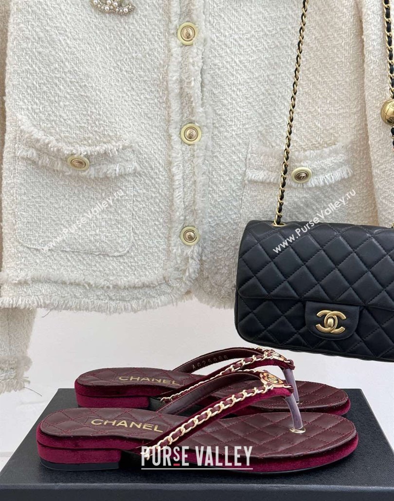 Chanel Velvet Flat Thong Slide Sandal with Chain and Heart G46109 Dark Burgundy 2025 (KL-250304058)