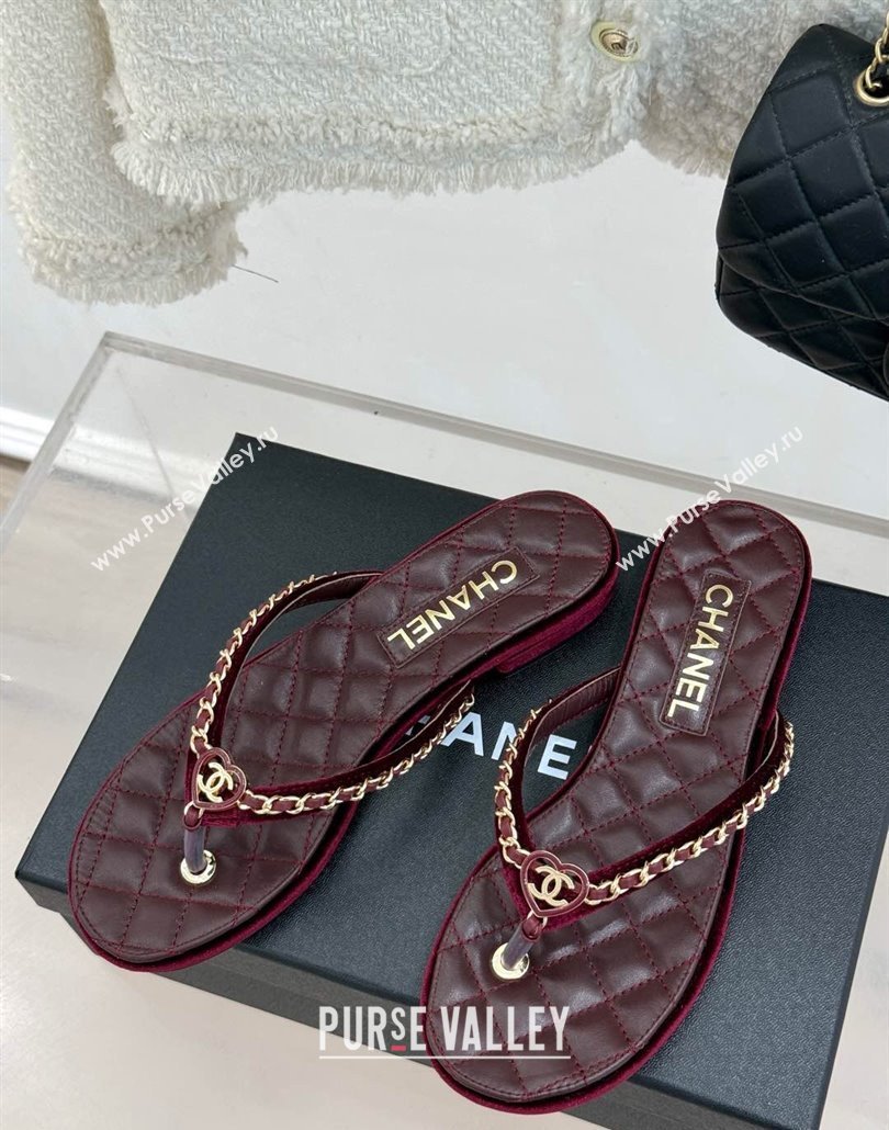 Chanel Velvet Flat Thong Slide Sandal with Chain and Heart G46109 Dark Burgundy 2025 (KL-250304058)