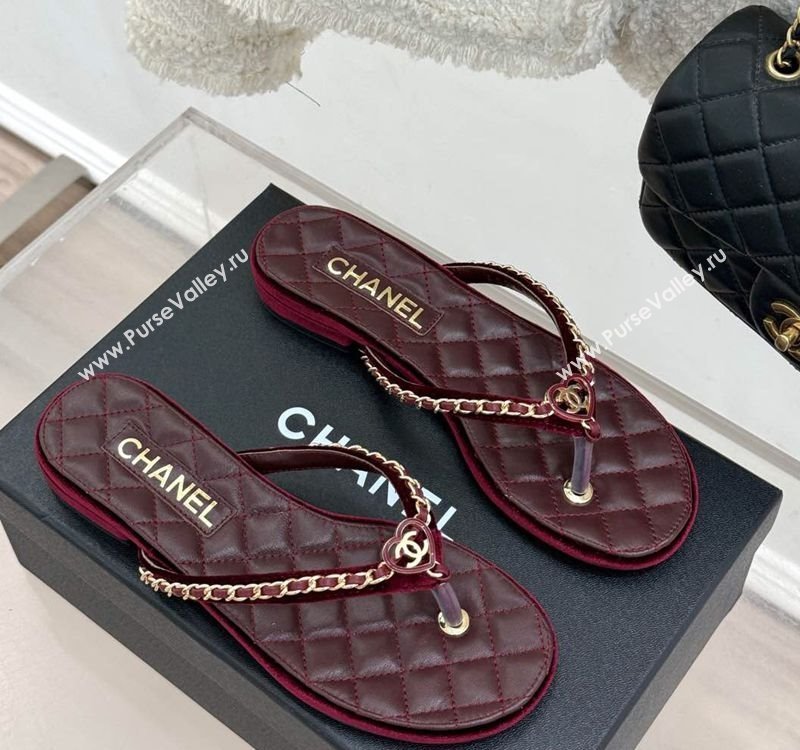 Chanel Velvet Flat Thong Slide Sandal with Chain and Heart G46109 Dark Burgundy 2025 (KL-250304058)