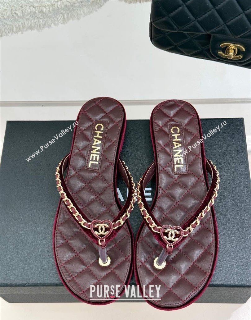 Chanel Velvet Flat Thong Slide Sandal with Chain and Heart G46109 Dark Burgundy 2025 (KL-250304058)