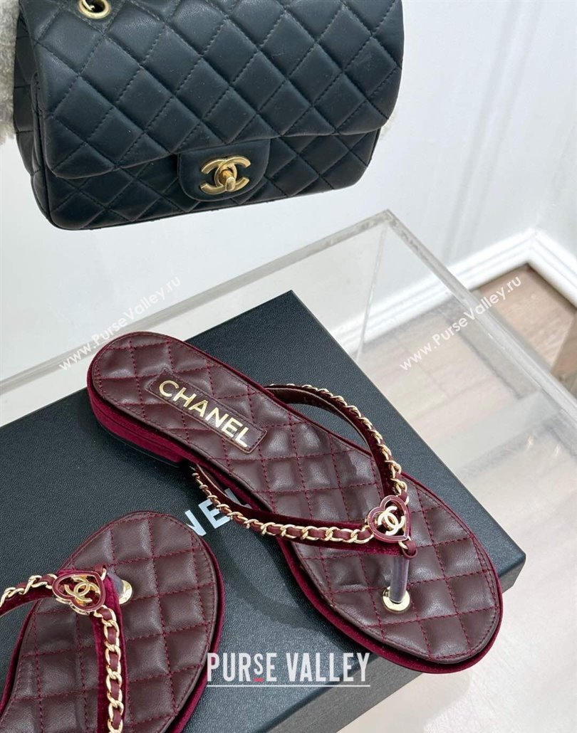 Chanel Velvet Flat Thong Slide Sandal with Chain and Heart G46109 Dark Burgundy 2025 (KL-250304058)
