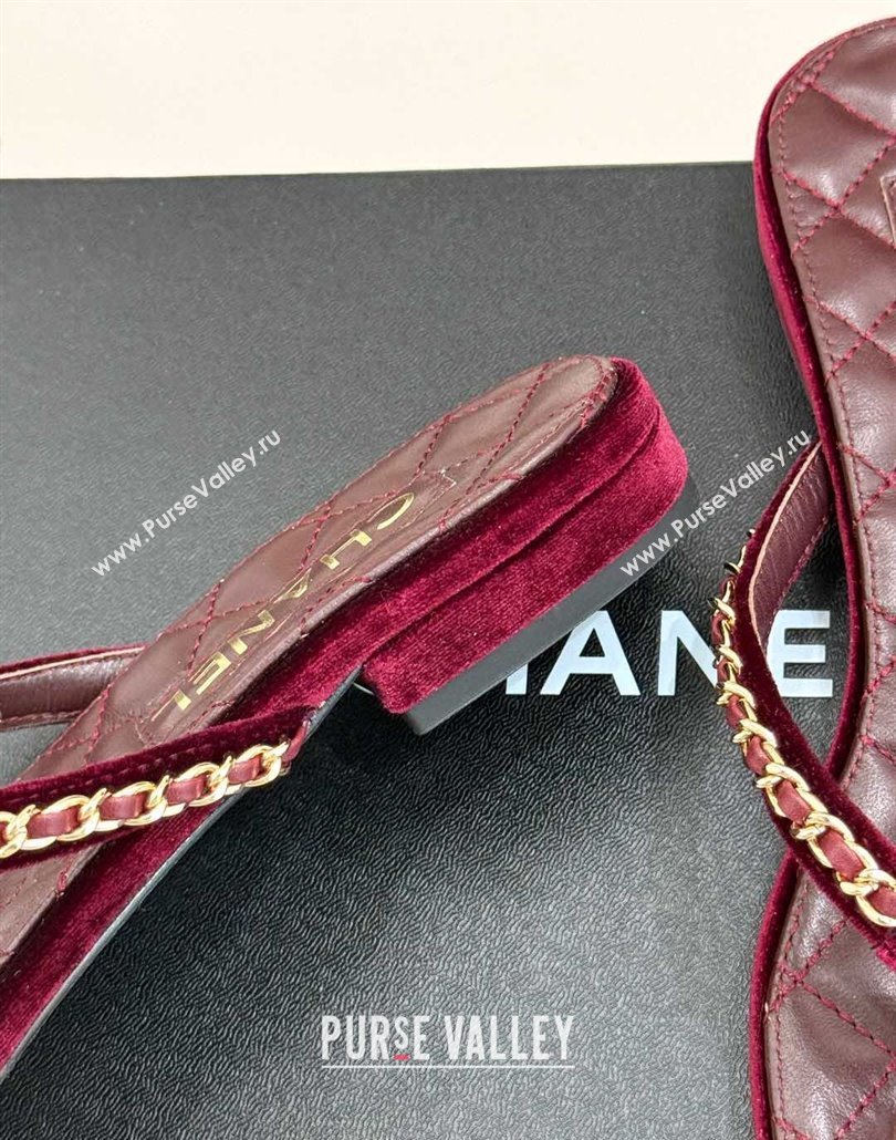 Chanel Velvet Flat Thong Slide Sandal with Chain and Heart G46109 Dark Burgundy 2025 (KL-250304058)
