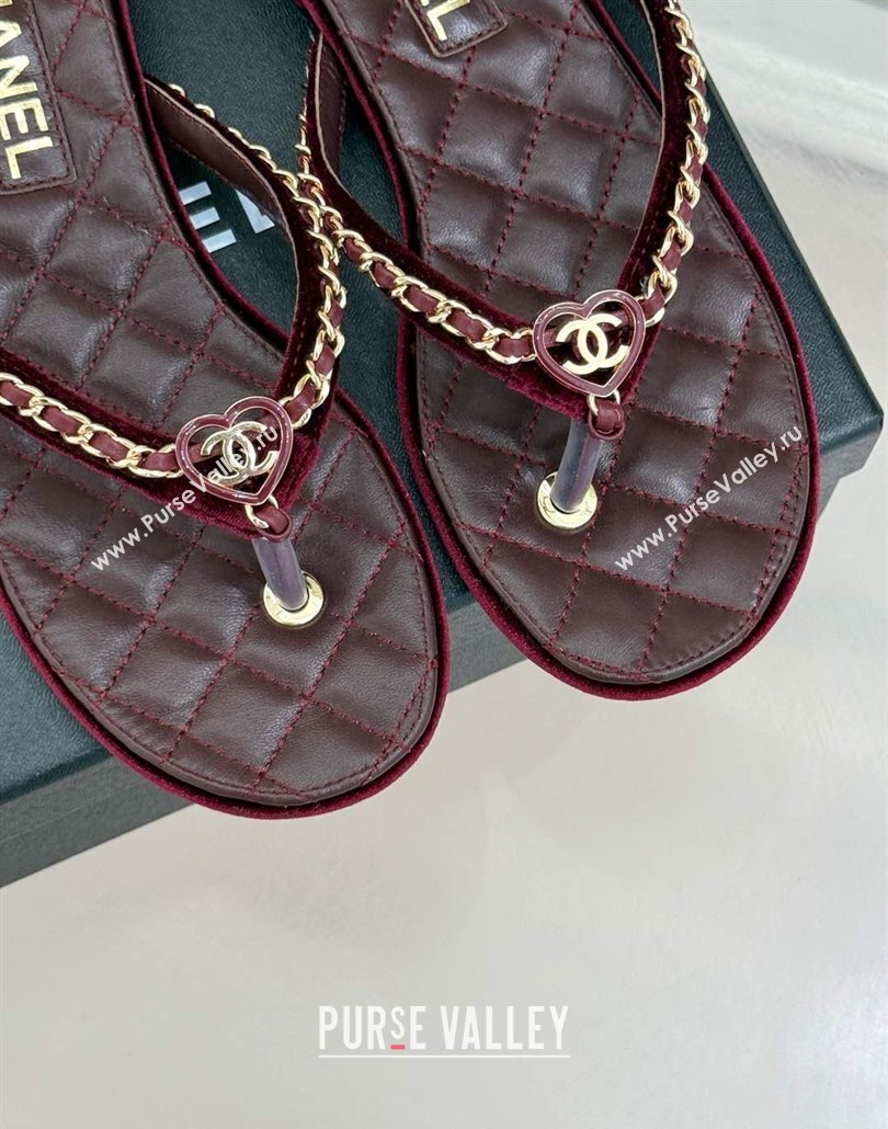 Chanel Velvet Flat Thong Slide Sandal with Chain and Heart G46109 Dark Burgundy 2025 (KL-250304058)