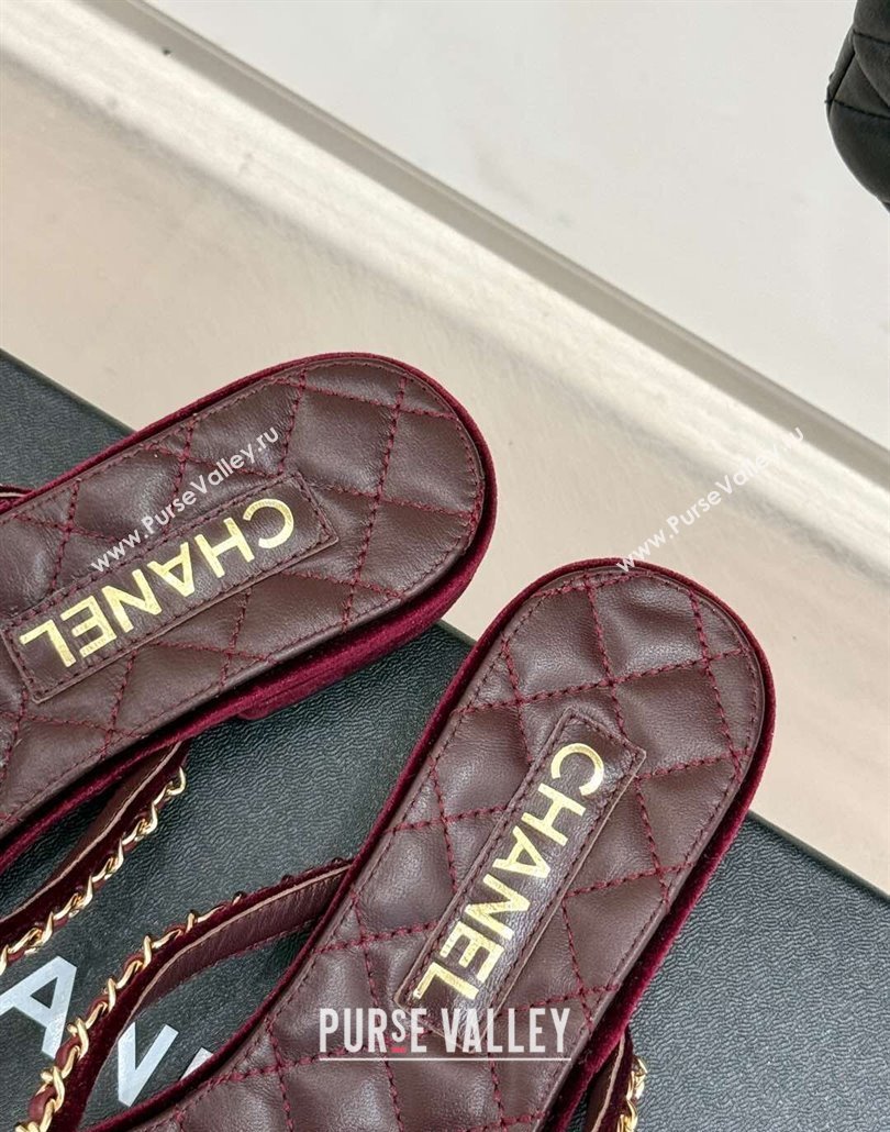 Chanel Velvet Flat Thong Slide Sandal with Chain and Heart G46109 Dark Burgundy 2025 (KL-250304058)