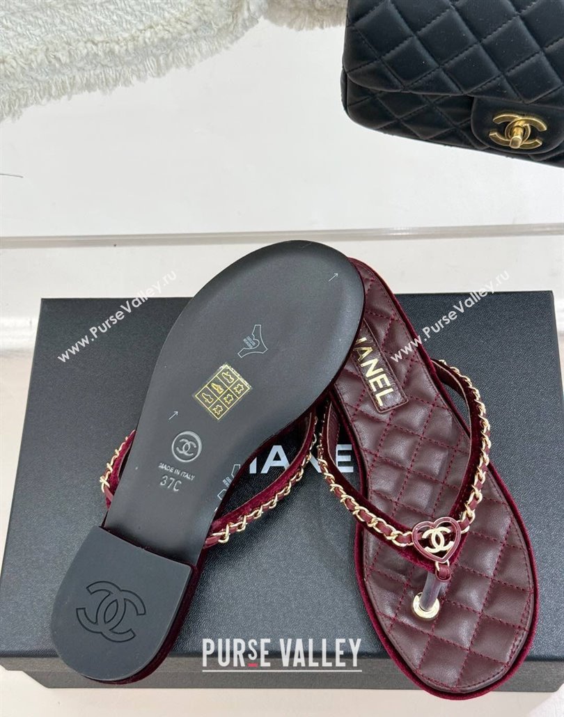 Chanel Velvet Flat Thong Slide Sandal with Chain and Heart G46109 Dark Burgundy 2025 (KL-250304058)