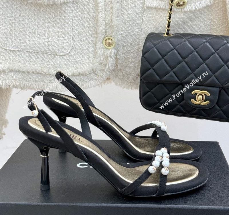Chanel Vintage Canvas Heel Sandals 7.5cm with Pearls Black 2025 CH030503 (MD-250305018)