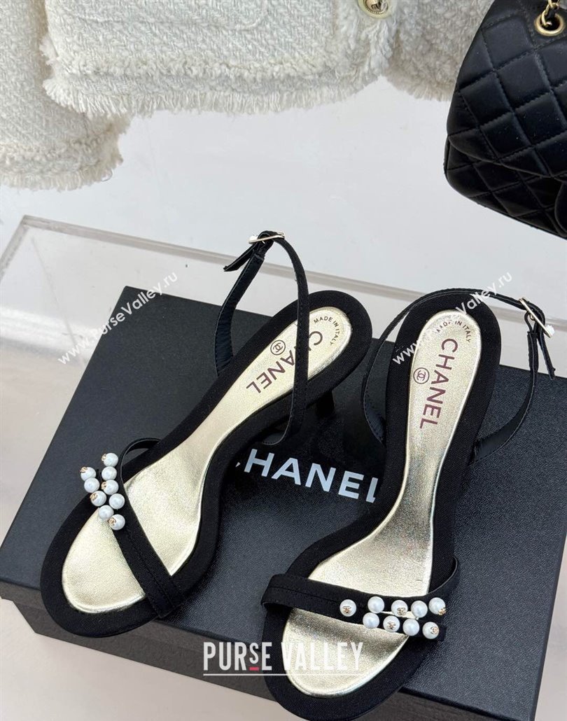 Chanel Vintage Canvas Heel Sandals 7.5cm with Pearls Black 2025 CH030503 (MD-250305018)