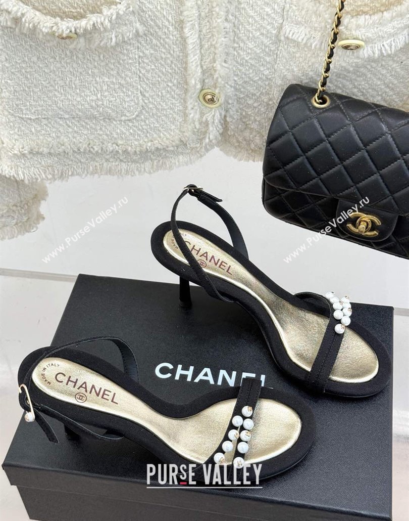 Chanel Vintage Canvas Heel Sandals 7.5cm with Pearls Black 2025 CH030503 (MD-250305018)