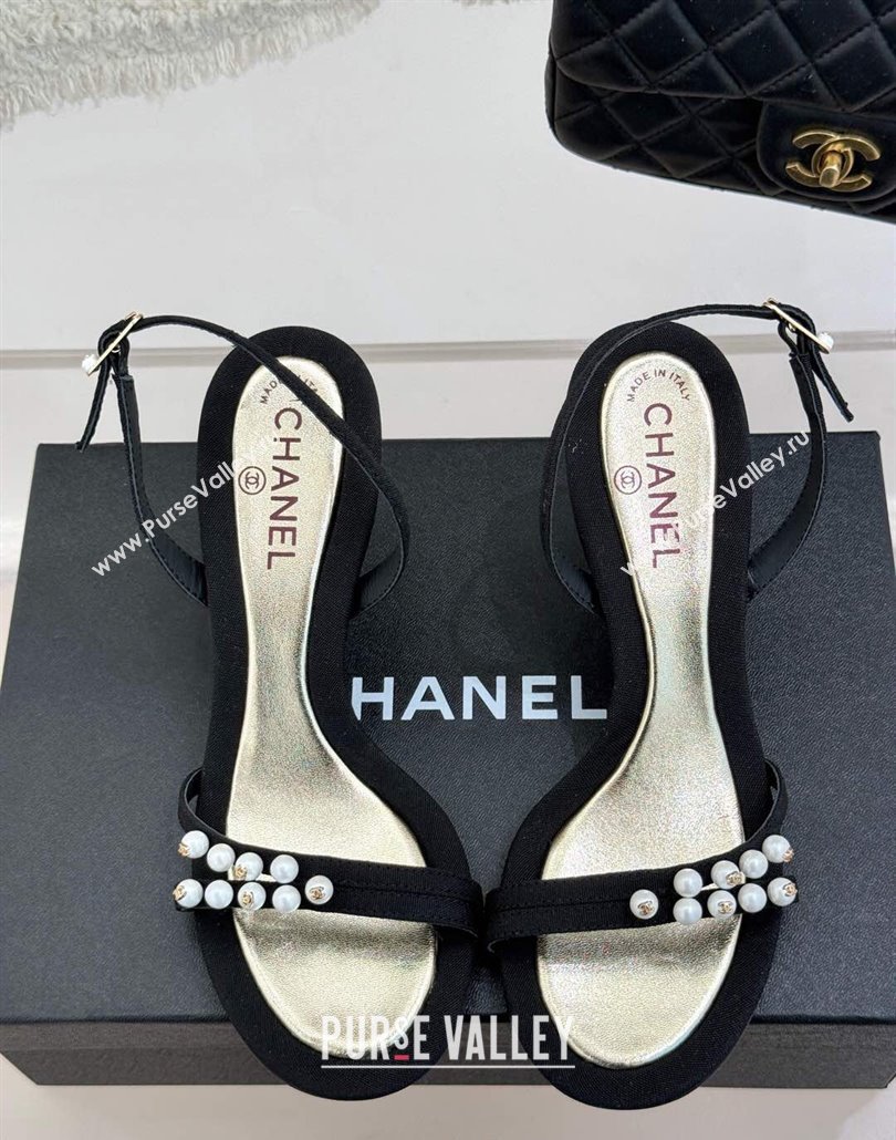 Chanel Vintage Canvas Heel Sandals 7.5cm with Pearls Black 2025 CH030503 (MD-250305018)