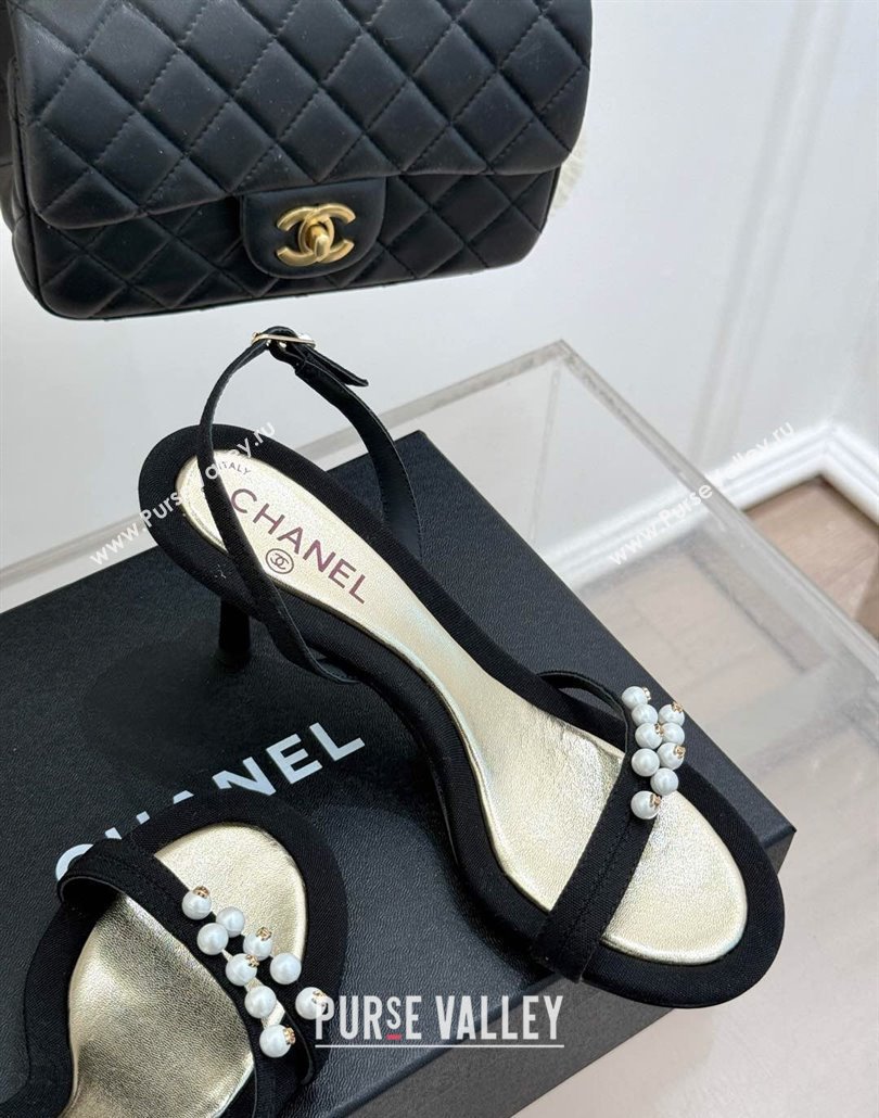 Chanel Vintage Canvas Heel Sandals 7.5cm with Pearls Black 2025 CH030503 (MD-250305018)