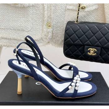 Chanel Vintage Canvas Heel Sandals 7.5cm with Pearls Navy Blue 2025 CH030503 (MD-250305020)