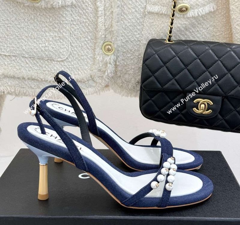 Chanel Vintage Canvas Heel Sandals 7.5cm with Pearls Navy Blue 2025 CH030503 (MD-250305020)