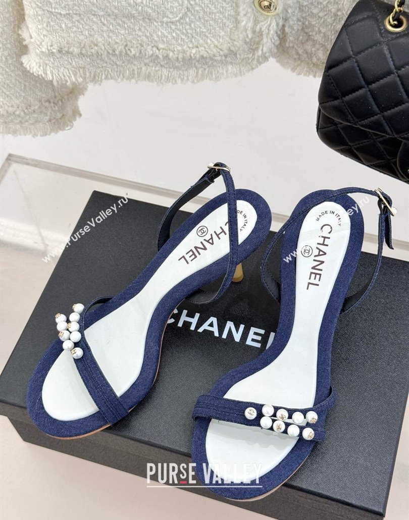Chanel Vintage Canvas Heel Sandals 7.5cm with Pearls Navy Blue 2025 CH030503 (MD-250305020)