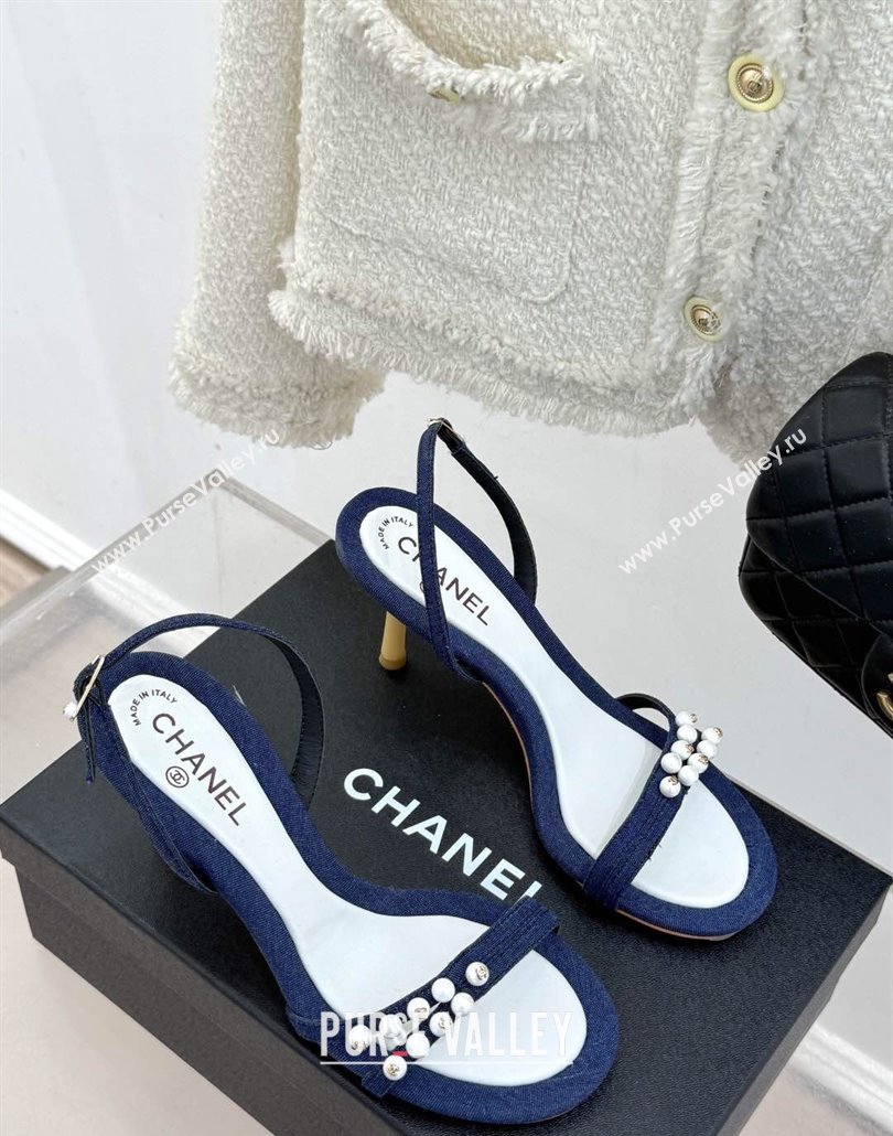 Chanel Vintage Canvas Heel Sandals 7.5cm with Pearls Navy Blue 2025 CH030503 (MD-250305020)