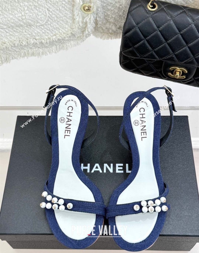 Chanel Vintage Canvas Heel Sandals 7.5cm with Pearls Navy Blue 2025 CH030503 (MD-250305020)