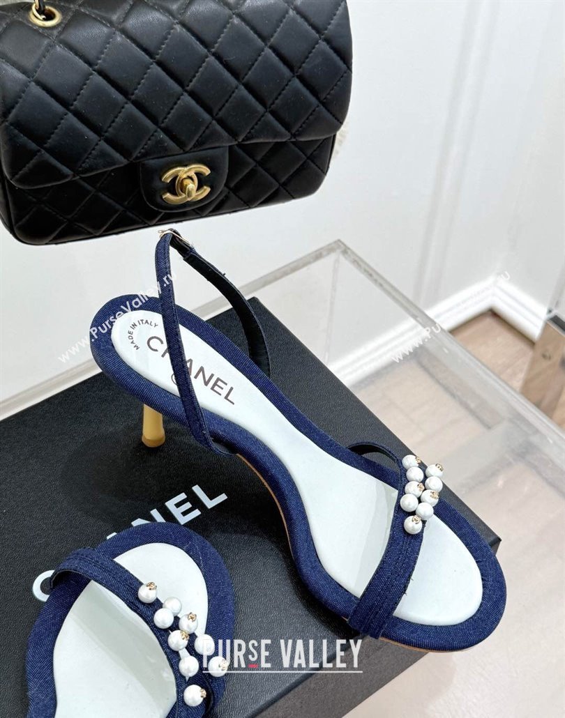 Chanel Vintage Canvas Heel Sandals 7.5cm with Pearls Navy Blue 2025 CH030503 (MD-250305020)