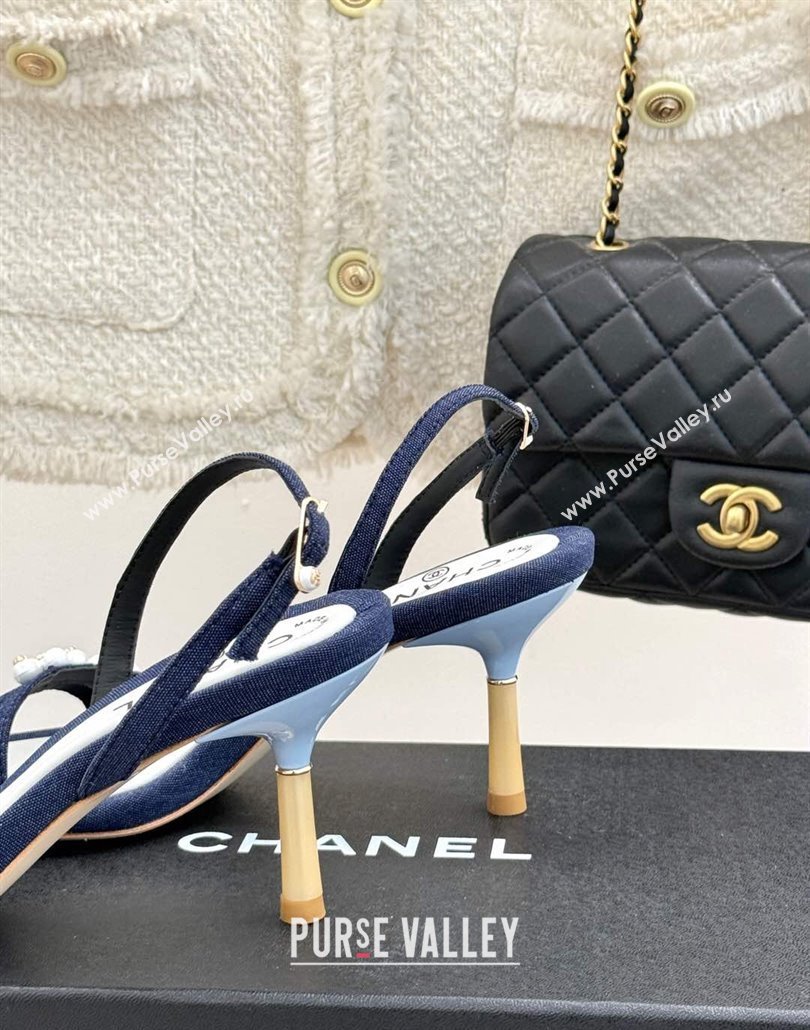 Chanel Vintage Canvas Heel Sandals 7.5cm with Pearls Navy Blue 2025 CH030503 (MD-250305020)