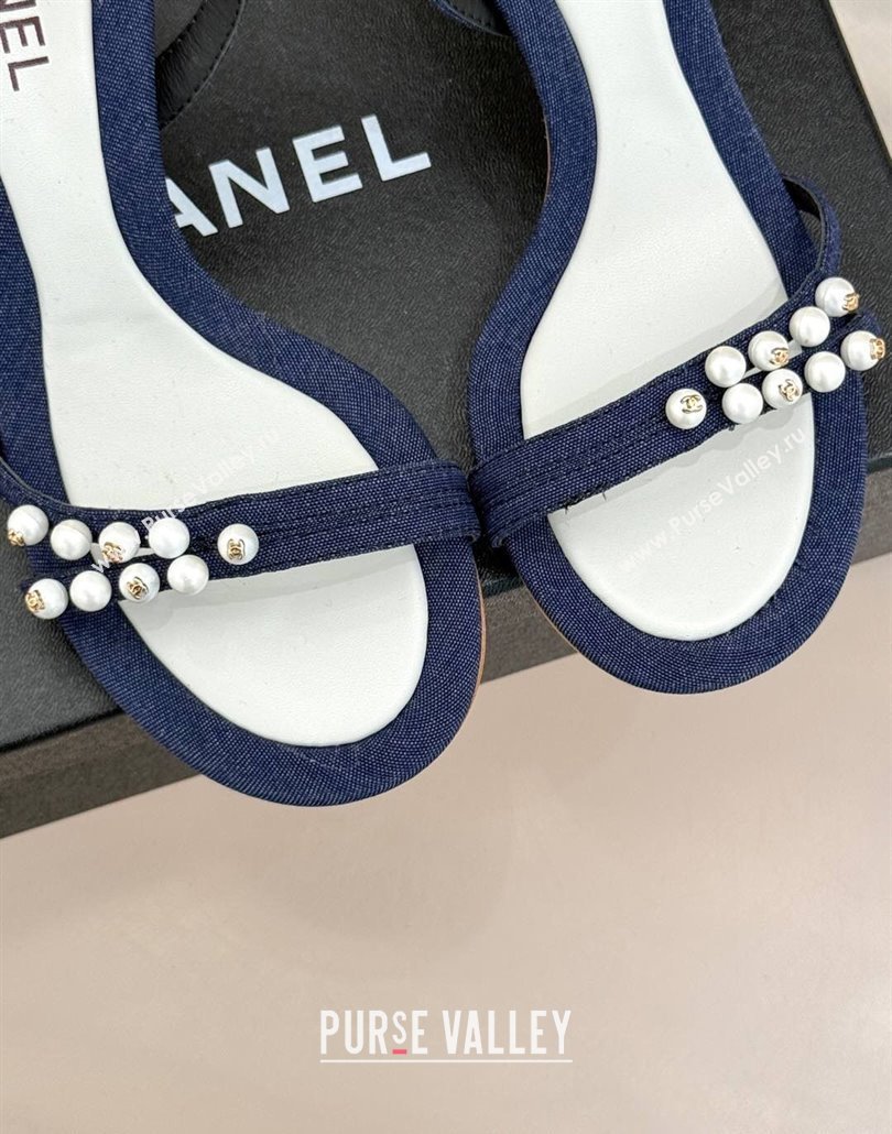Chanel Vintage Canvas Heel Sandals 7.5cm with Pearls Navy Blue 2025 CH030503 (MD-250305020)