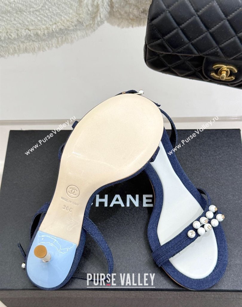 Chanel Vintage Canvas Heel Sandals 7.5cm with Pearls Navy Blue 2025 CH030503 (MD-250305020)