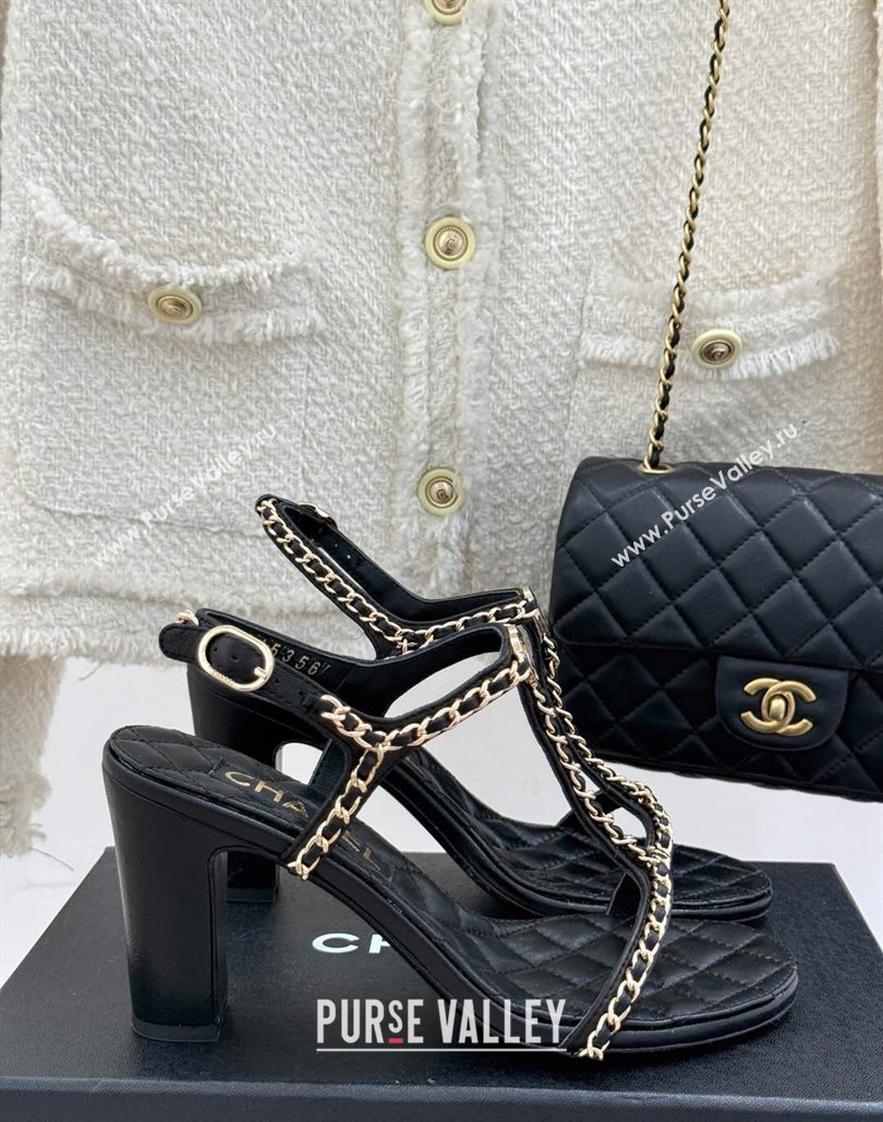 Chanel Lambskin Heel Sandals 8.5cm with Chain and Heart G46109 Black 2025 (KL-250304033)