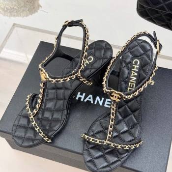 Chanel Lambskin Heel Sandals 8.5cm with Chain and Heart G46109 Black 2025 (KL-250304033)