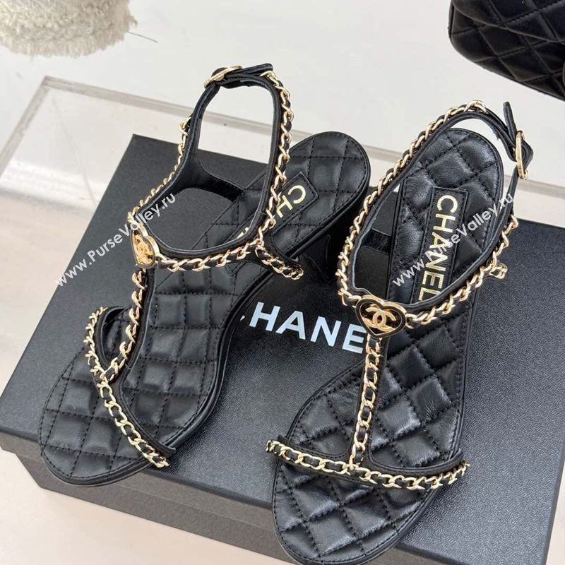 Chanel Lambskin Heel Sandals 8.5cm with Chain and Heart G46109 Black 2025 (KL-250304033)