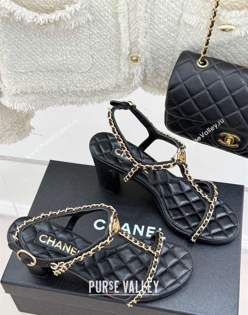 Chanel Lambskin Heel Sandals 8.5cm with Chain and Heart G46109 Black 2025 (KL-250304033)