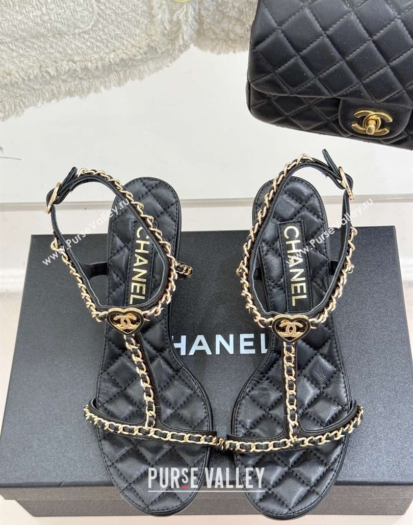Chanel Lambskin Heel Sandals 8.5cm with Chain and Heart G46109 Black 2025 (KL-250304033)