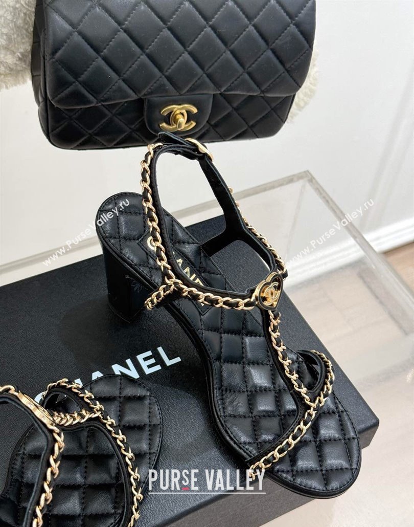 Chanel Lambskin Heel Sandals 8.5cm with Chain and Heart G46109 Black 2025 (KL-250304033)