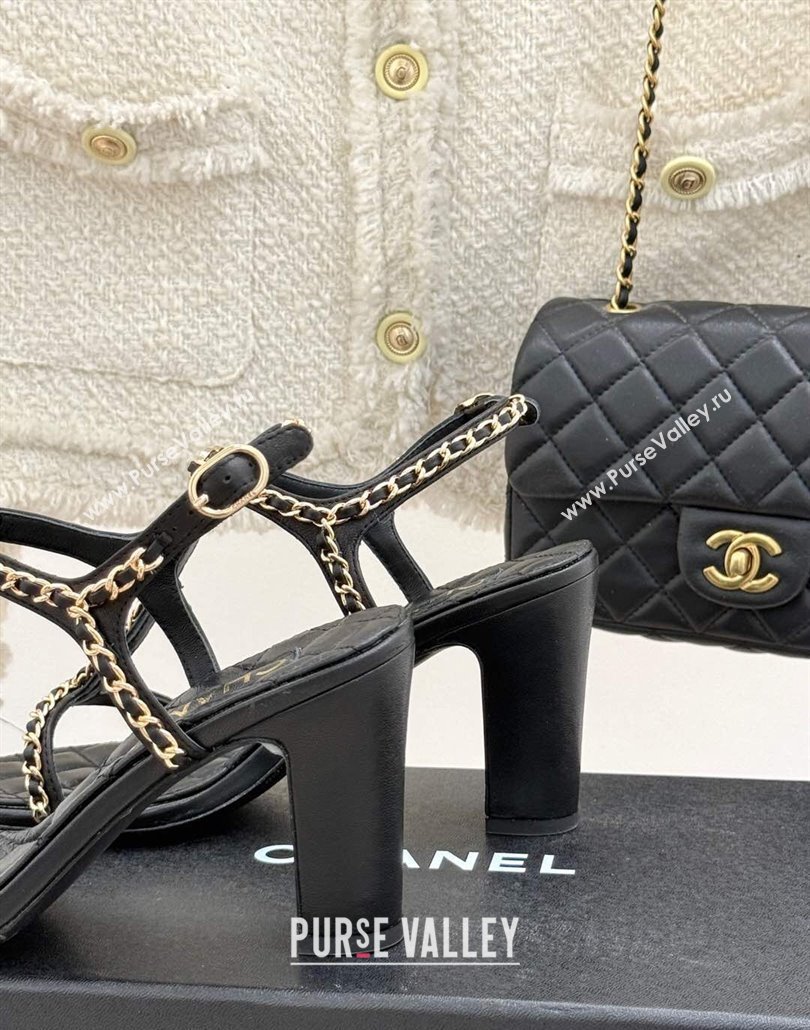 Chanel Lambskin Heel Sandals 8.5cm with Chain and Heart G46109 Black 2025 (KL-250304033)