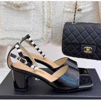 Chanel Patent Calfskin Heel Sandals with Pearls Ankle Strap Black 2025 CH030506 (KL-250305035)