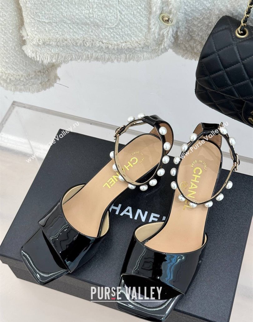 Chanel Patent Calfskin Heel Sandals with Pearls Ankle Strap Black 2025 CH030506 (KL-250305035)