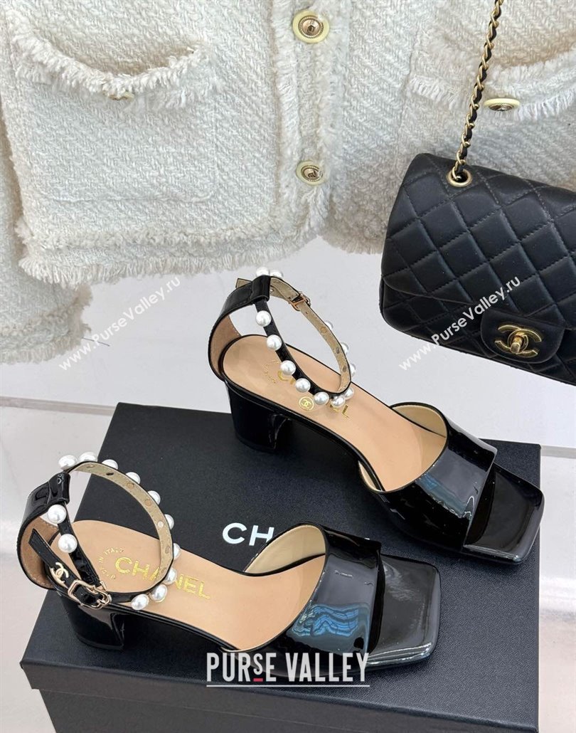 Chanel Patent Calfskin Heel Sandals with Pearls Ankle Strap Black 2025 CH030506 (KL-250305035)
