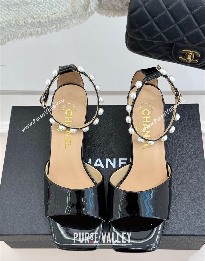 Chanel Patent Calfskin Heel Sandals with Pearls Ankle Strap Black 2025 CH030506 (KL-250305035)