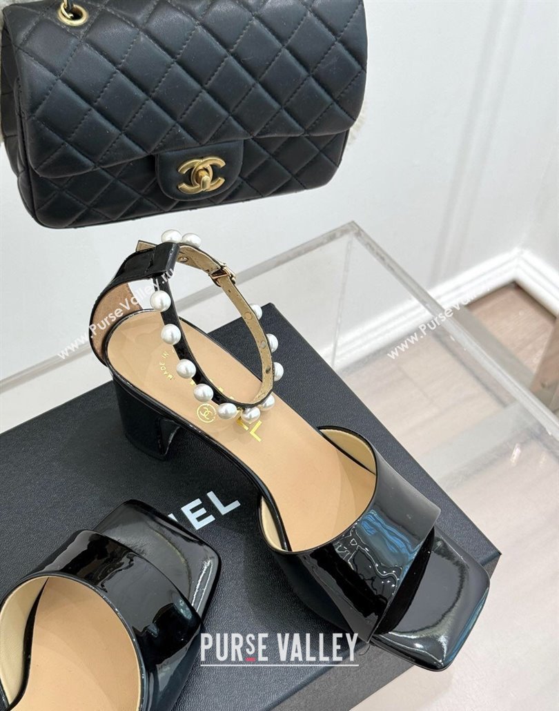Chanel Patent Calfskin Heel Sandals with Pearls Ankle Strap Black 2025 CH030506 (KL-250305035)