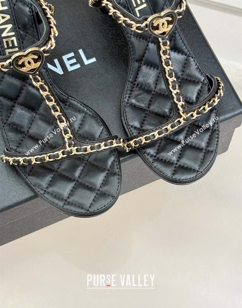 Chanel Lambskin Heel Sandals 8.5cm with Chain and Heart G46109 Black 2025 (KL-250304033)