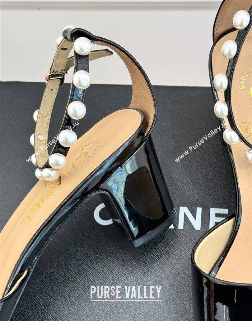 Chanel Patent Calfskin Heel Sandals with Pearls Ankle Strap Black 2025 CH030506 (KL-250305035)