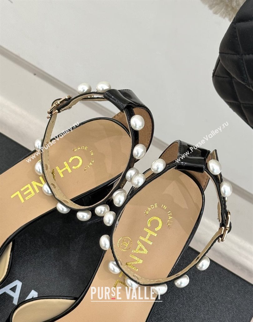 Chanel Patent Calfskin Heel Sandals with Pearls Ankle Strap Black 2025 CH030506 (KL-250305035)