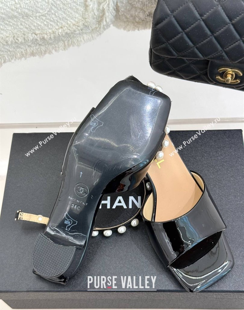 Chanel Patent Calfskin Heel Sandals with Pearls Ankle Strap Black 2025 CH030506 (KL-250305035)