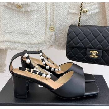 Chanel Lambskin Heel Sandals with Pearls Ankle Strap Black 2025 CH030506 (KL-250305036)