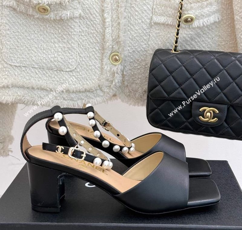 Chanel Lambskin Heel Sandals with Pearls Ankle Strap Black 2025 CH030506 (KL-250305036)