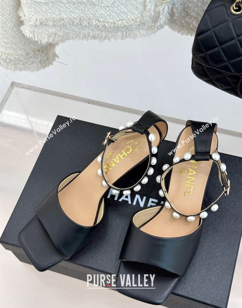 Chanel Lambskin Heel Sandals with Pearls Ankle Strap Black 2025 CH030506 (KL-250305036)