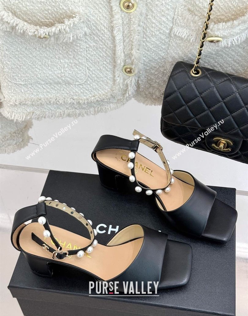 Chanel Lambskin Heel Sandals with Pearls Ankle Strap Black 2025 CH030506 (KL-250305036)