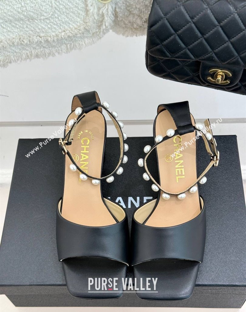 Chanel Lambskin Heel Sandals with Pearls Ankle Strap Black 2025 CH030506 (KL-250305036)