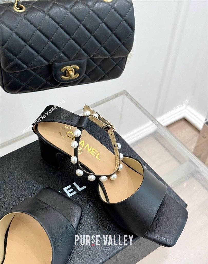 Chanel Lambskin Heel Sandals with Pearls Ankle Strap Black 2025 CH030506 (KL-250305036)