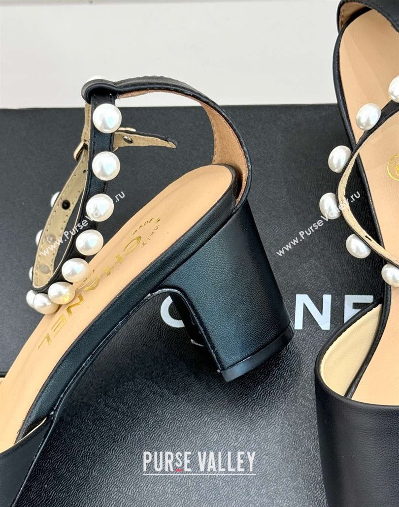 Chanel Lambskin Heel Sandals with Pearls Ankle Strap Black 2025 CH030506 (KL-250305036)