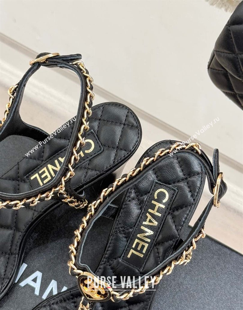 Chanel Lambskin Heel Sandals 8.5cm with Chain and Heart G46109 Black 2025 (KL-250304033)